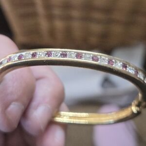 Swarovski Red, Clear Hinged Bangle, Goldtone Signed 6.5 Inches